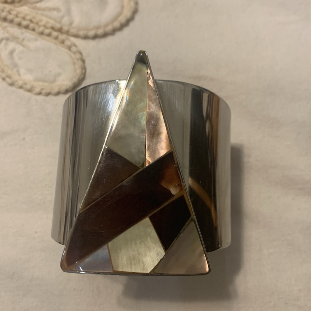 Unique Silvertone Cuff Triangle Lavender, Brown &… - image 1